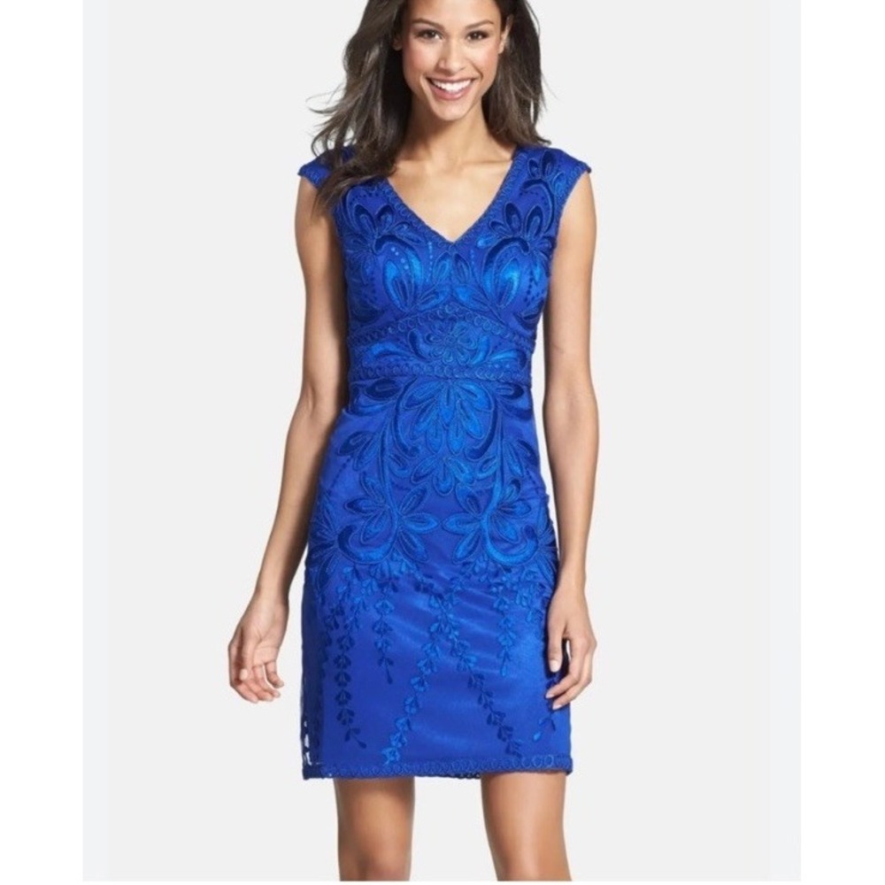 Sue Wong V-Neck Embroidered Sheath Cocktail Dress Sapphire Blue Wedding Guest